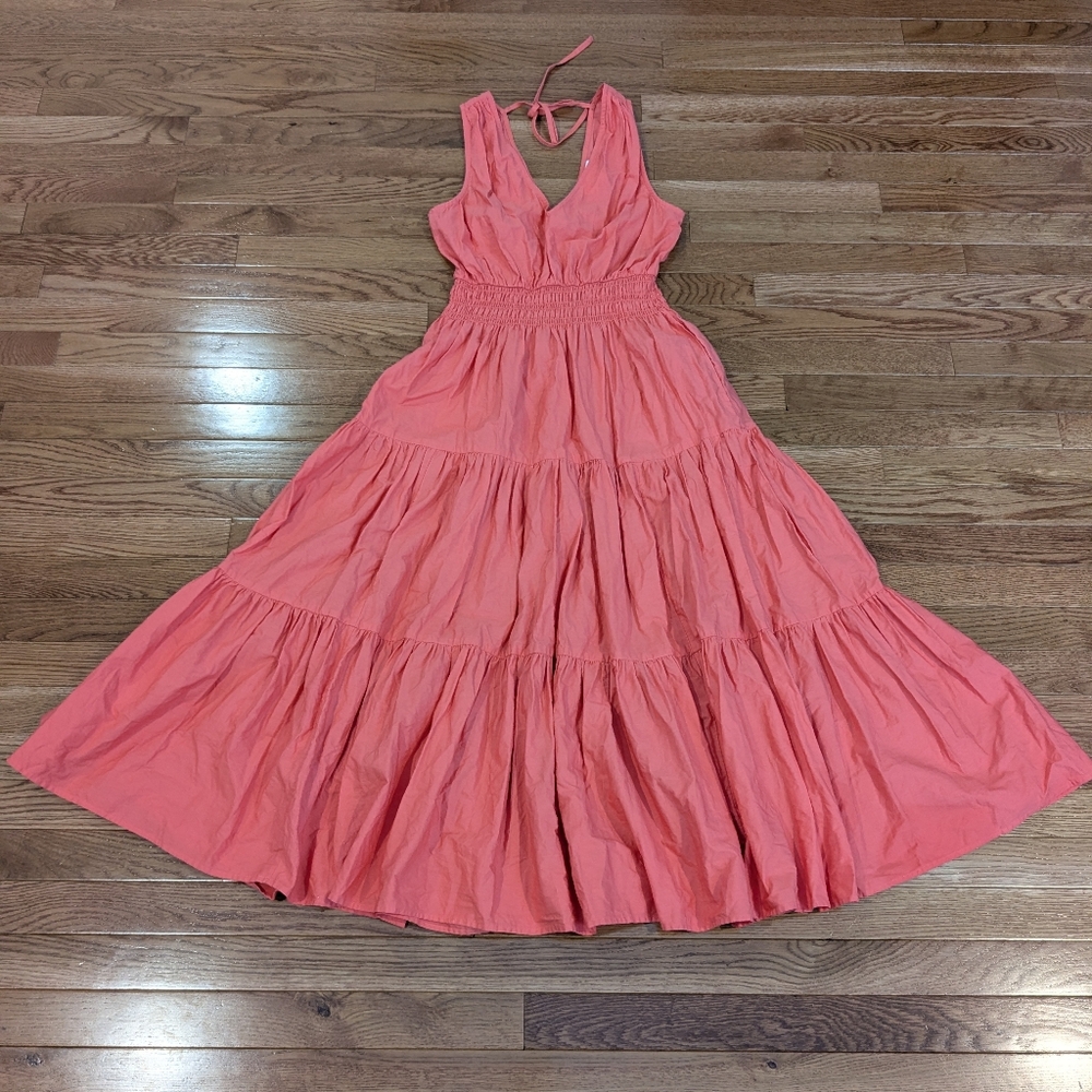 Anthropologie Maeve Tiered Midi Dress Coral Rose Smocked Waist Size 6